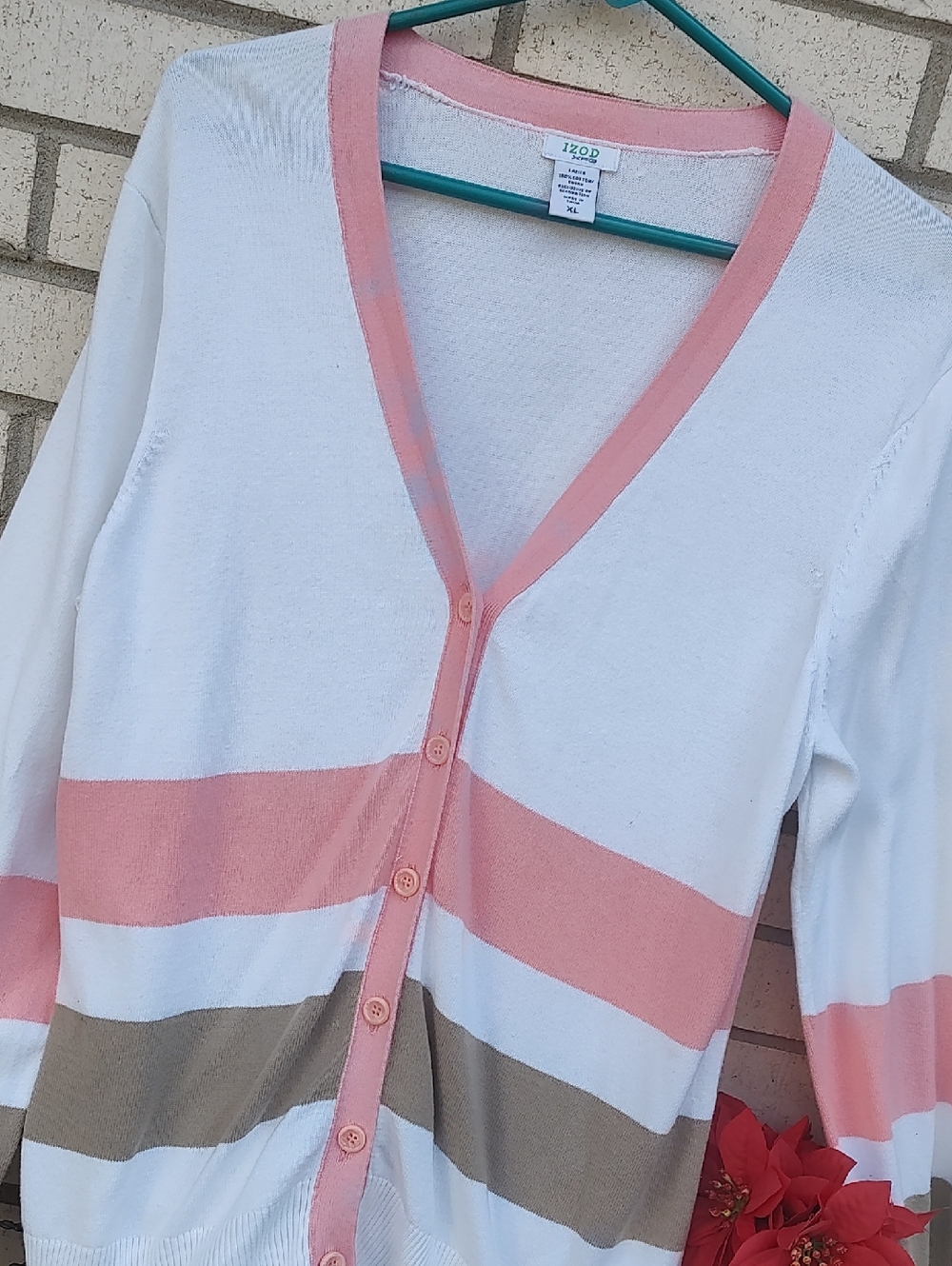 Izod White Pink and Tan Striped V-Neck Cardigan - Picture 6 of 9
